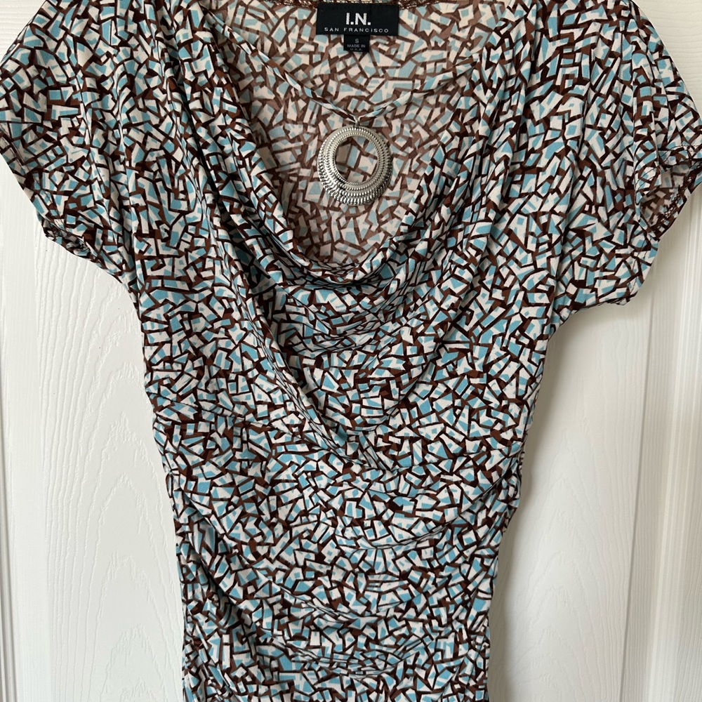 I.N. San Francisco Women's Print Blouse w/ Metal Accent & Rouched Sides